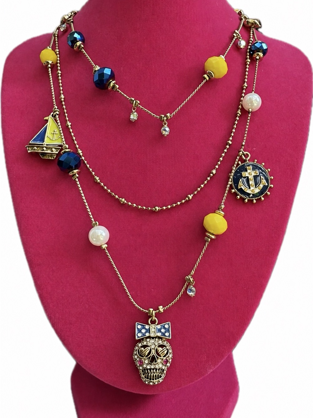 Betsey Johnson Necklace layered skull sailer blue gold